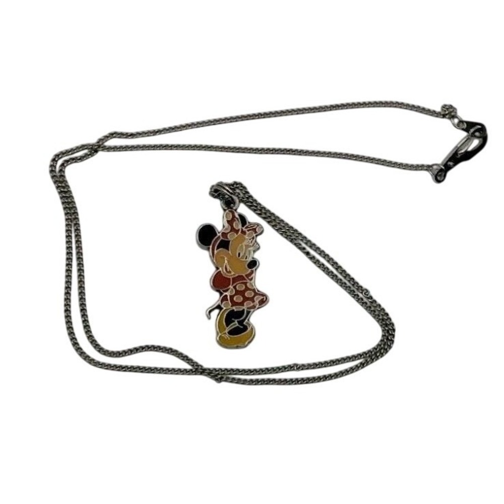 Vintage Disney Minnie Mouse Enamel Pendant - Polka Dot Dress - Silver Tone Chain